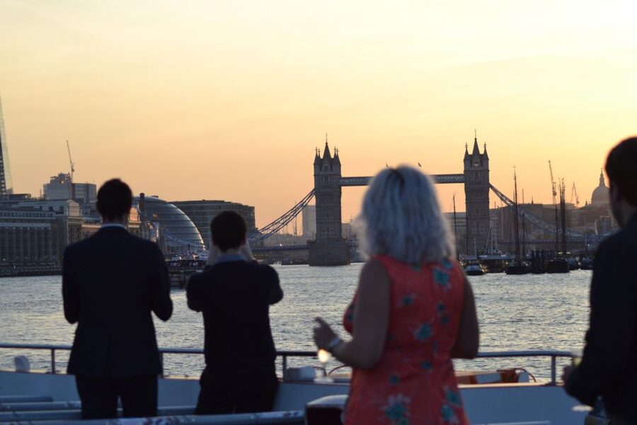 London: River Thames Evening Cruise with Bubbly and Canapés - From central London toward Canary Wharf